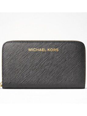 Michael Kors Jet Set Zip Around Wallet Small Saffiano Leather NWT Gold Logo
